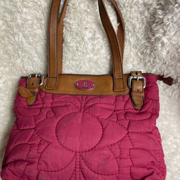 Fossil Key -Per Quilted Fabric burgundy shoulder bag brown leather trim & straps - Picture 5 of 12